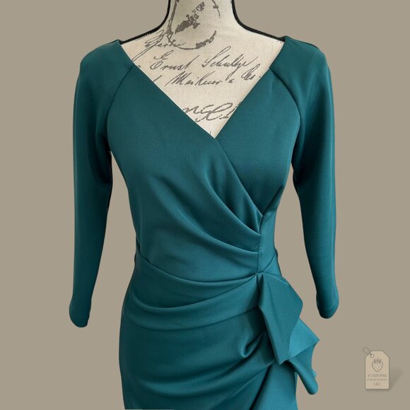 XSCAPE Emerald Green Draped Ruffle Sheath Dress Women’s Size 6 Made in USA - Picture 2 of 7